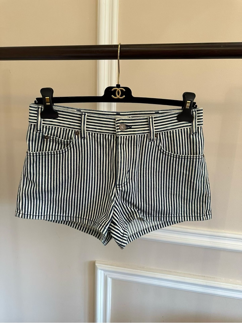 🚩steal Celine Black & White Striped Denim Shorts
